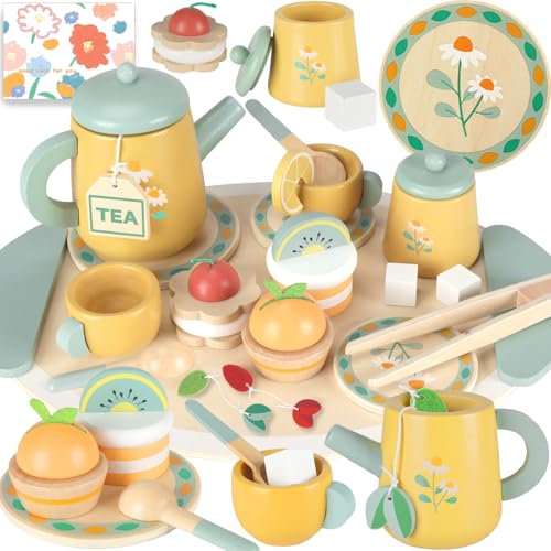 UCAMP Teeservice Kinder Holz,Tee Set Holzspielzeug,23pcs Teeservice Kinderküche Zubehör,Teeservice Spielküche Zubehör Teeparty Holzspielzeug für Kinder,Teeparty Spielküche Rollenspiele von UCAMP