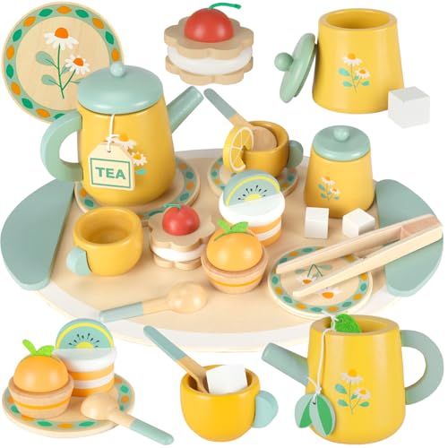 UCAMP Teeservice Kinder Holz,Tee Set Holzspielzeug,23pcs Teeservice Kinderküche Zubehör,Teeservice Spielküche Zubehör Teeparty Holzspielzeug für Kinder,Teeparty Spielküche Rollenspiele von UCAMP