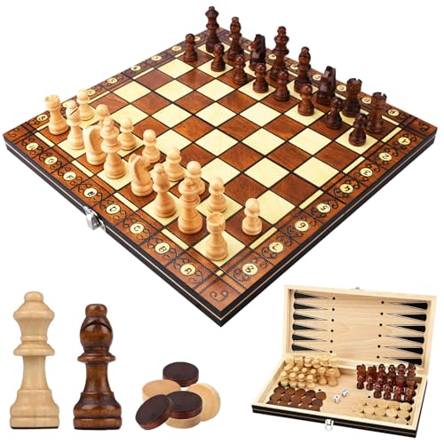 UCAMP Schachspiel,Schachspiel Kinder Holz,3 In 1 Schachspiel Magnetisch,Tragbares und Faltbares Chess Board Set,Reiseschach,fAbschließbarer Koffer,Für Partys,Familienaktivitäten （29x29cm） von UCAMP