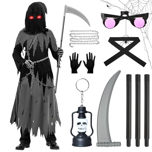 UCAMP Sensenmann kostüm kinder und Erwachsene Set halloween kostüm sensenmann für gruseligen Geist des Todes,mit leuchtender Brille,Sense des Todes,Handschuhen,Gürtel,Kette für Cosplay,Karneval von UCAMP