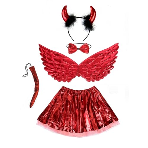 5 Teiliges Halloween Teufelsflügel Set,Teufel Kostüm Kinder Mädchen,Teufel Horn Haarreif Schwanz Fliege Engelsflügel mit rot Tutu für Mädchen Halloweenparty Karneval Cosplay Performance Kostüm von UCKriito