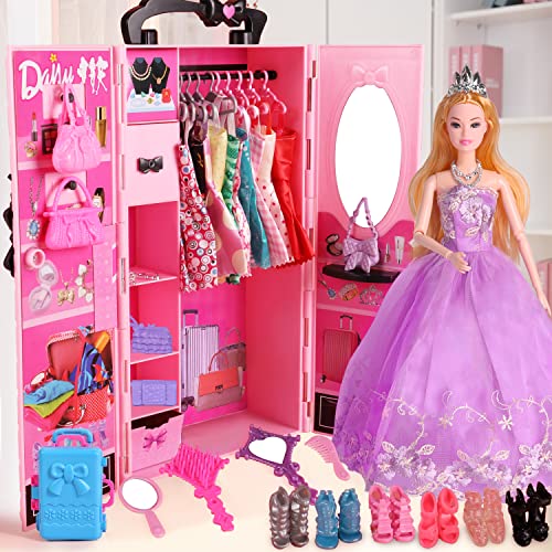 UCanaan Puppen Kleiderschrank für 11,5 Zoll Mädchen Puppen Kleidung und Zubehör 51 Stück Inklusive Kleiderschrank,Stamm,Freizeitkleidung,Kleid,Badeanzüge,Kleiderbügel,Schuhe,Taschen，Halsketten von UCanaan