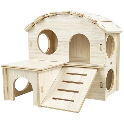 UDTGYELF Hamster Haus Holz, Mehrkammernhaus, Spielplatz, Hamster Haus aus Holz Hamster Versteck Hamsterhaus Treppe Spielzeug Hamster Zubehör, Haus für Zwerghamster, Rennmäuse, (Groß 18 * 16 * 16 cm) von UDTGYELF