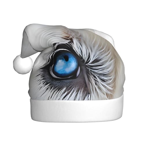 UENFFKDAP Blaue Augen Wolf Plüsch Weihnachtsmützen Erwachsene Weihnachtsmützen Unisex Samt Bequeme Weihnachtsfeier Hüte Neujahr Party Dekorationen von UENFFKDAP