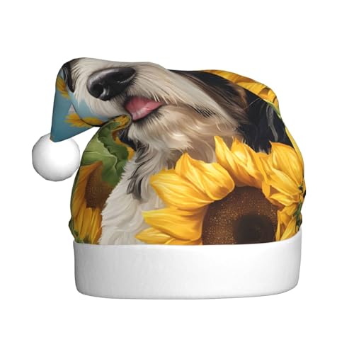 UENFFKDAP Hund mit Sonnenblumen Plüsch Weihnachtsmützen Erwachsene Weihnachtsmützen Unisex Samt Bequeme Weihnachtsfeier Hüte Neujahr Party Dekorationen von UENFFKDAP