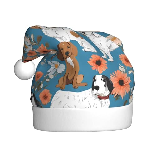 UENFFKDAP Süße Basset Hound Florals Plüsch Weihnachtsmützen Erwachsene Weihnachtsmützen Unisex Samt Bequeme Weihnachtsfeier Hüte Neujahr Party Dekorationen von UENFFKDAP