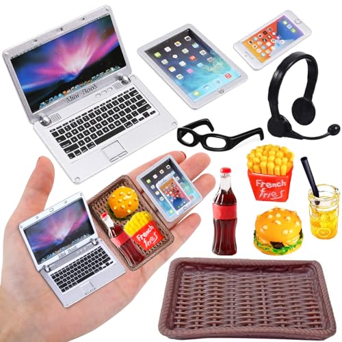 Miniatur Wichtel Zubehör, Miniatur Puppenhaus Zubehör 1/12 Miniatur Laptop Handy Mini Brille Hamburger Cola Pommes Getränke Tablett Miniatur Lebensmittel Puppenzubehör Miniatur Deko Möbel 10 Stück von UEOTO