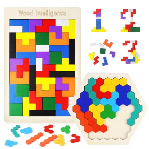 Holzpuzzle Knobelspiele Kinder Holzspielzeug Kinderspiele Tetris Spiel Holz Puzzle Toys 2 Stück Geduldspiele für Kinder Montessori Spielzeug ab 3 4 5 6 Jahr Wooden Jigsaw Block Puzzle von UGBO