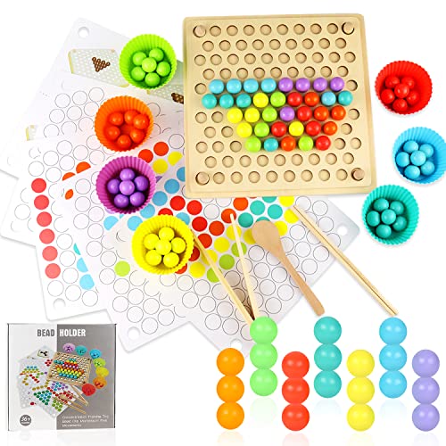 Holzspielzeug Farben Sortieren Motorikspielzeug Baby Spielzeug Holz Montessori Kugelspiel Brettspiel Lernspielzeug Sortierspiel Konzentrationsspiele für Kinder ab 3 4 5 6 Jahre Clip Beads Brettspiel von UGBO