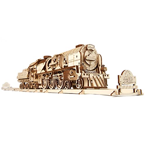 UGEARS V-Express-Dampfzug mit Tender – Vatertagsgeschenk, Puzzles für Erwachsene, 3D-Holzpuzzle-Modellbausätze für Erwachsene und Jugendliche, 3D-Puzzle-Bausatz, Holzmodellbausätze von UGEARS