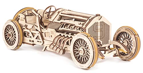 UGEARS U-9 Grand-Prix-Auto aus Holz – Geschenk zum Vatertag (DIY-Bausatz) Handkurbelbetriebenes Fahrzeug mit funktionierenden Kolben, Rädern, Stoßdämpfern | Funktionelles, authentisches Renndesign von UGEARS