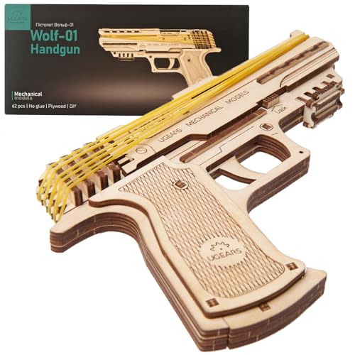 UGEARS Wolf-01 Gummiband Pistole aus Holz - 3D Puzzle Modellbausatz Holzpistole mit Gummibändern - DIY Modellbau Set für Kinder und Erwachsene von UGEARS