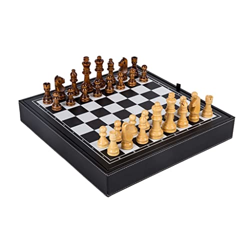 12,6-Zoll-Schach aus Holz, handgefertigtes Schachset, Reiseschach-Aufbewahrungsbox, schwarzes Lederbrettset für Erwachsene, Schachset für Anfänger von UGKSBDVJK