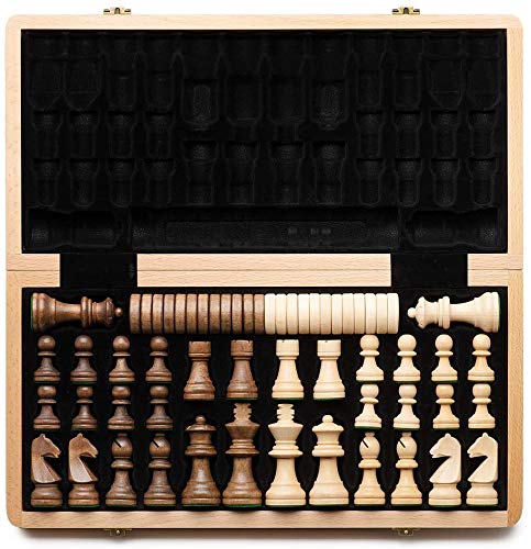 15" Faltbares Schach- und Dame-Set aus Holz mit 3" Königshöhenfiguren / 2 zusätzlichen Damen/Schachfiguren aus Holz/Buchenholzbox mit Klar von UGKSBDVJK
