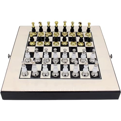 Familienspaß, Luxus-Profi-Schach, Schachspiel mit Schachfiguren aus Metall und Aufbewahrungsfächern, Brettspielset aus Holz für Kinder und Erwachsene, Kunsthandwerk von UGKSBDVJK