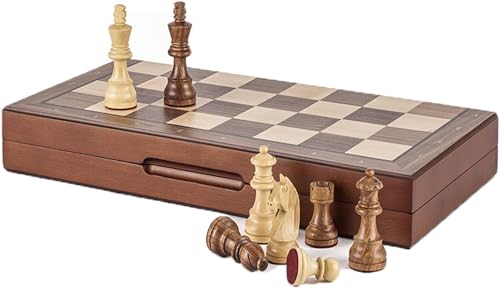Internationales Schach, Holzschachspiel, Klappschachspiel, tragbares Schach-Reisebrettspiel mit Schachfiguren und Aufbewahrungsfächern für Schachgeschenke für die Familie von UGKSBDVJK