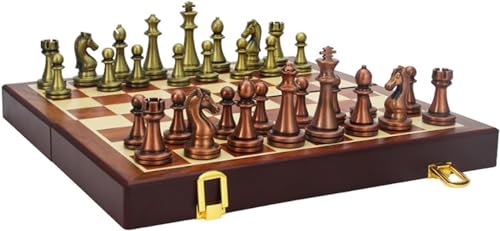 Internationales Schach, Retro-Schachspiel aus Holz, luxuriöses, faltbares Schachbrett mit Schachfiguren aus Metall und Aufbewahrungsfächern, Tischspiele für die ganze Familie, Schachgeschenke von UGKSBDVJK