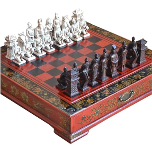 Schach im chinesischen Stil für die ganze Familie, Schachbrett aus Holz und Schachfiguren in Form von Terrakotta-Kriegern, Vintage-Schachspiel für Kinder und Erwachsene, 42 x 42 x 9 cm, Kunsthandwer von UGKSBDVJK