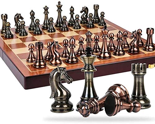 Schachbrett-Sets, Metall-Bronze- und Messing-Stücke, solides hölzernes Klappbrett, hochwertiges professionelles Spiele-Set von UGKSBDVJK