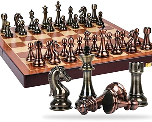 Schachspaß für die ganze Familie, Schachfiguren aus Metall, Bronze und Messing, Klappschachspiel aus massivem Holz, hochwertiges professionelles Schachspiel, professionelles Retro-Kunsthandwerk von UGKSBDVJK