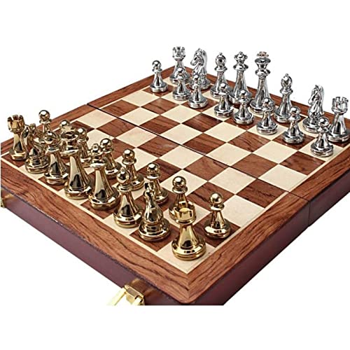 Schachspaß für die ganze Familie, glänzende Schachfiguren aus Metall in Gold und Silber, Klappschachspiel aus massivem Holz, hochwertige professionelle Spiele, Schachbrett, Kunsthandwerk von UGKSBDVJK