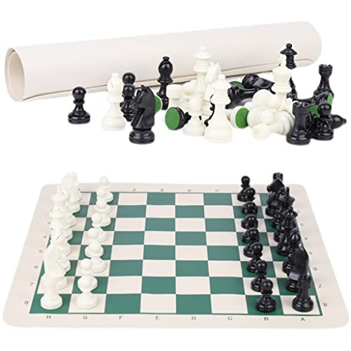 Tragbares Schachspiel, aufrollbare Schachmatte und Schachfiguren-Set, Turnierschachfiguren, grüne Reiseschachmatte aus Vinyl, Internationales Schach von UGKSBDVJK