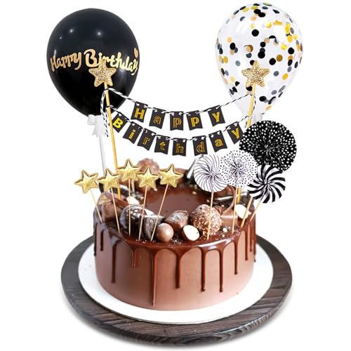 UICCVOKK 19 Stück Tortendeko Schwarz Gold, Happy Birthday Kuchendeko, Kuchendeko Geburtstag Junge, Cake Topper Schwarz, Papierfächer Sterne Cupcake Tortenstecker für Geburtstag Dekoration Junge von UICCVOKK