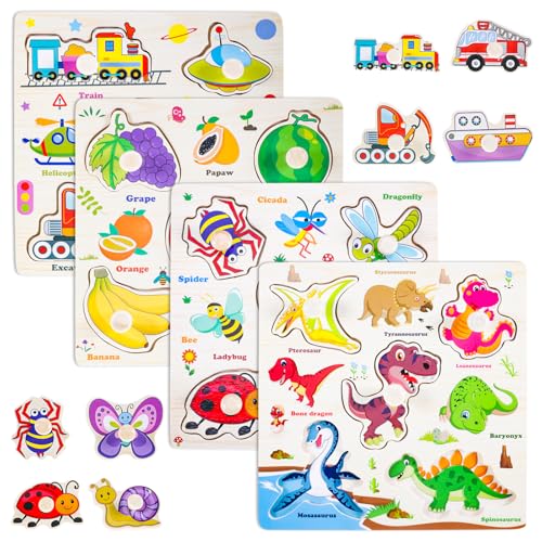 UICCVOKK 4 Stück Montessori Baby Puzzle mit Griff, Holzpuzzle ab 1 Jahre, Holzpuzzle mit großen Teilen, Lernspielzeug, Cartoon Tiere, Holzpuzzle, Geschenk Montessori Spielzeug ab 1 2 3 Jahr von UICCVOKK