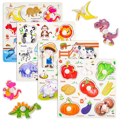 UICCVOKK 4 Stück Montessori Baby Puzzle mit Griff, Holzpuzzle ab 1 Jahre, Holzpuzzle mit großen Teilen, Safari Dschungeltieren Greifpuzzle Steckpuzzle Holz, Geschenk Montessori Spielzeug ab 1 2 3 Jahr von UICCVOKK