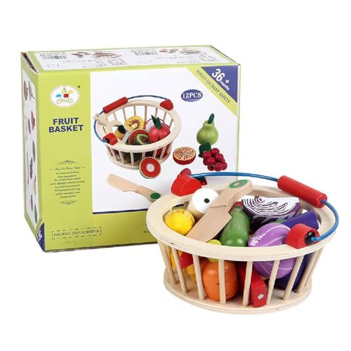 UIKEEYUIS Hölzernes Obst und Gemüsespielzeugset für Kinder, Spielküchenspaß mit magnetischem Korb, Holzlebensmittel für die Spielküche, Holzspielzeuglebensmittel, Gemüse von UIKEEYUIS