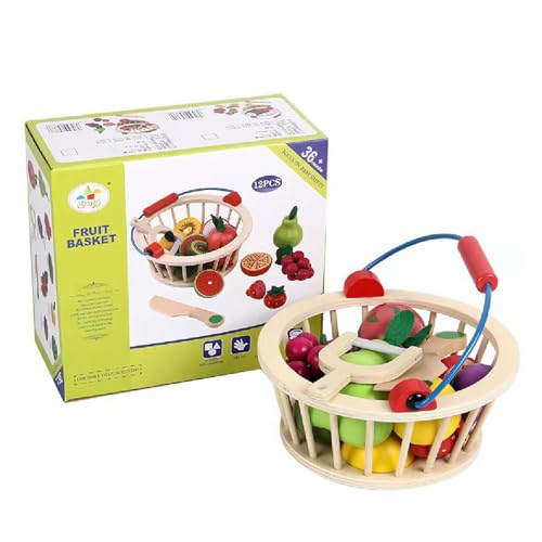 UIKEEYUIS Hölzernes Obst und Gemüsespielzeugset für Kinder, Spielküchenspaß mit magnetischem Korb, Holzlebensmittel für die Spielküche, Holzspielzeuglebensmittel , Obst von UIKEEYUIS