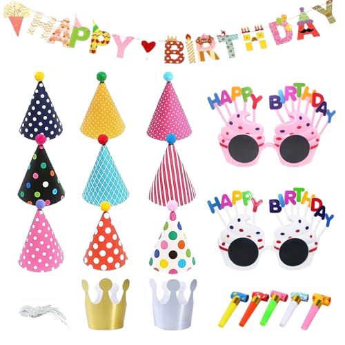 UILYNIU 19 Stück Partyhüte Set Geburtstagshut Tröten Geburtstagsbanner Partybrille Geburtstagskrone Junge Partyhütchen Party Supplies Hütchen Geburtstagshut für Kinder Festival Baby Shower von UILYNIU