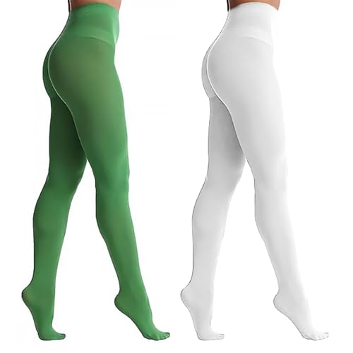 UILYNIU 2 Paar Weiße Grüne Strumpfhosen Damen Neon Strumpfhose Grüne Elfen Strumpfhose Grün Elfen Kostüm Grüne Irische Strumpfhose für St. Patrick's Day 80er 90er Jahre Motto Party Cosplay (2 Paar) von UILYNIU