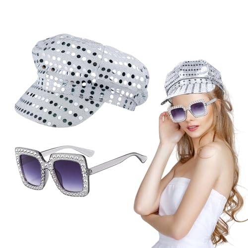 UILYNIU 2 Stück Disco Kostüm 70er 80er Jahre Accessoires Pailletten Hut Bling Sonnenbrille Disco Outfit Latin Jazz Mardi Gras Cosplay Abschlussball Party Dance Kostüm von UILYNIU