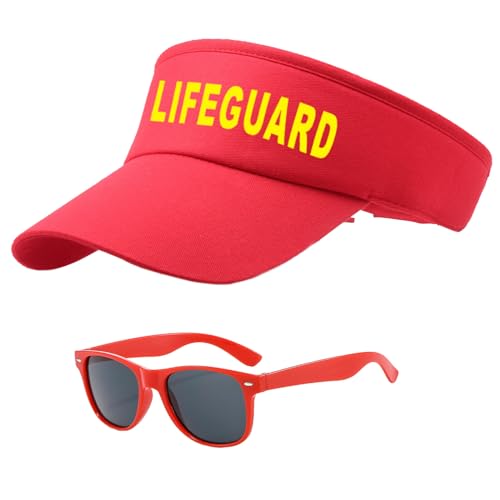 UILYNIU 2 Stück Lifeguard Fasching Kostüm Herren Damen, Lifeguard Visor Cap Sonnenbrille, Bademeister Kostüm für Rettungsschwimmer Erwachsener Strandparty Zubehör Halloween Karneval Cospaly (Rot) von UILYNIU
