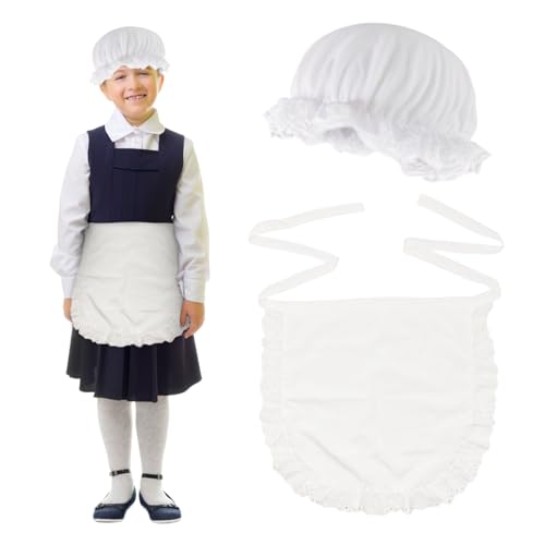 UILYNIU 2 Stück Maid Kostüm für Mädchen Damen Dienstmädchenkostüm Zubehör mit Weiße Maid Schlafhaube und Retro Hausmädchen Halbe Schürze, Maid Kostüm Cosplay für Halloween Karneval Party von UILYNIU