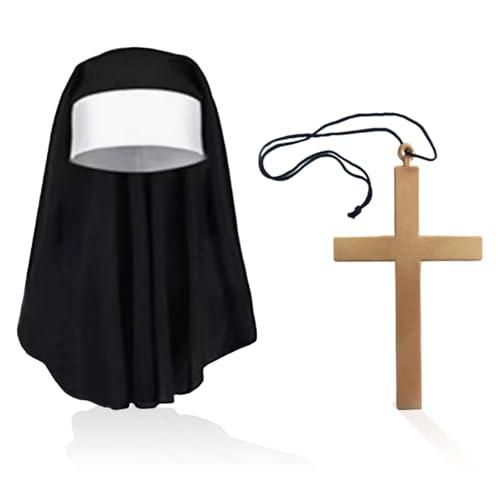 UILYNIU 2 Stück Nonnen Kostüm Für Frauen-Nonnen Outfit Zubehör Nonnen Kopfschmuck Nonnen Kragen Kreuz Anhänger Halskette für Frauen Cosplay Karneval Kostüm Hallowee Kostüm von UILYNIU