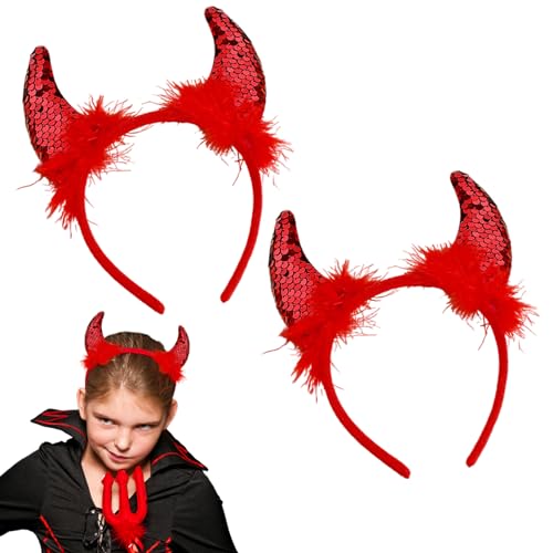 UILYNIU 2 Stück Teufelshörner Haarreifen Ohren Haarband, Headwear Hörner Teufelshörner Haarreif für Damen Kinder, Teufelsohren Teufel, Horn Stirnband, Mottoparty, Karneval, Halloween, Party (Rot) von UILYNIU