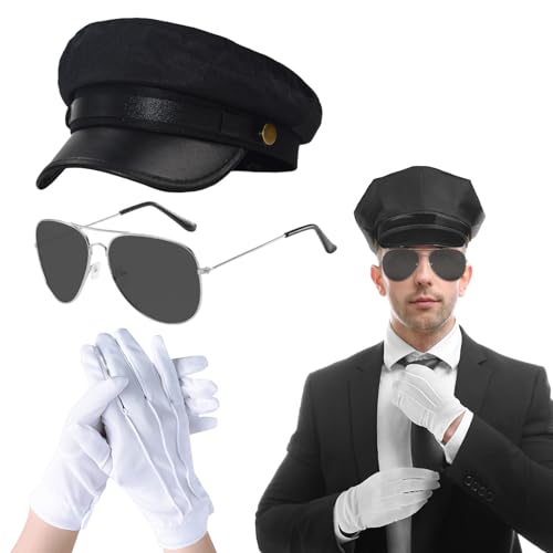 UILYNIU 3 Stück Chauffeur Kostüm Zubehör mit Taxifahrer Hut Sonnenbrille Weiße Handschuhe, Hochzeitsfahrer Kostüm Gangster Biker Kostüm für Erwachsene 80s Gangster Mottoparty Cosplay Karneval von UILYNIU