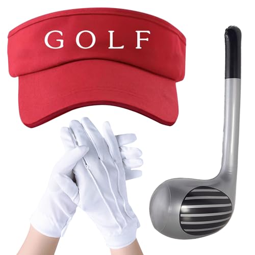 UILYNIU 3 Stück Golf Fasching Kostüm Zubehör, 76 cm Aufblasbare Golfschläger Rot Visor Hüte Weiße Handschuhe, Karneval Verkleidung Kostüm für Herren Damen Golf Motto Party Kneipen Kleidung (3PCS) von UILYNIU