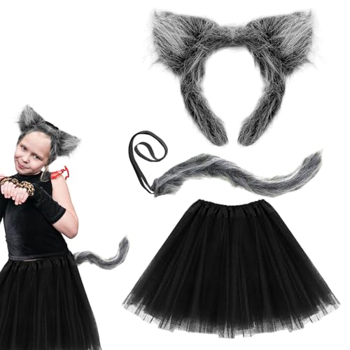 UILYNIU 3 Stück Grau Wolf Kostüm Zubehör Wolf Ohren Stirnband Wolf Schwanz Tutu Wolf Kostüm Kinder Werwolf Kostüm Zubehör Furry Kostüm für Halloween Party Cosplay(3 Stück) von UILYNIU