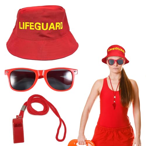 UILYNIU 3 Stück Lifeguard Fasching Kostüm Herren Damen, Rot Lifeguard Fischerhüte Sonnenbrille Sportpfeifen, Bademeister Kostüm für Rettungsschwimmer Erwachsener Halloween Karneval Verkleidung (3PCS) von UILYNIU