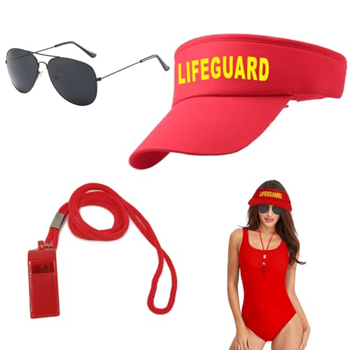UILYNIU 3 Stück Lifeguard Fasching Kostüm Herren Damen, Rot Lifeguard Visor Cap Sonnenbrille Sportpfeifen, Bademeister Kostüm für Rettungsschwimmer Erwachsener Halloween Karneval Verkleidung (Rot) von UILYNIU