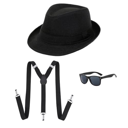 UILYNIU 3 Stück Mafia Gatsby Gangster Kostüm Herren, 1920s Jahre Herren Accessoires Fedora Hut Gläser Hosenträger Set, Panama Gangster Hut Flapper Kostüm fur Halloween Karneval Kostümparty von UILYNIU