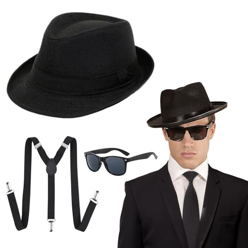 UILYNIU 3 Stück Mafia Gatsby Gangster Kostüm Herren, 1920s Jahre Herren Accessoires Fedora Hut Gläser Hosenträger Set, Panama Gangster Hut Flapper Kostüm fur Halloween Karneval Kostümparty von UILYNIU