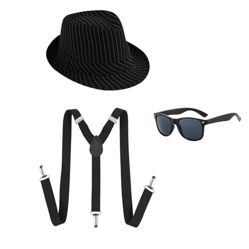 UILYNIU 3 Stück Mafia Gatsby Gangster Kostüm Herren 1920s Jahre Herren Accessoires Hut Gläser Elastisch Hosenträger, Panama Gangster Hut Flapper Kostüm fur Halloween Karneval Kostümparty von UILYNIU