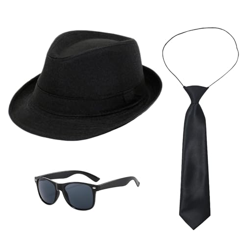 UILYNIU 3 Stück Mafia Gatsby Gangster Kostüm Herren 1920s Jahre Herren Accessoires Hut Gläser Krawatte, Panama Gangster Hut Erwachsene Kostüm fur Halloween Karneval Kostümparty von UILYNIU