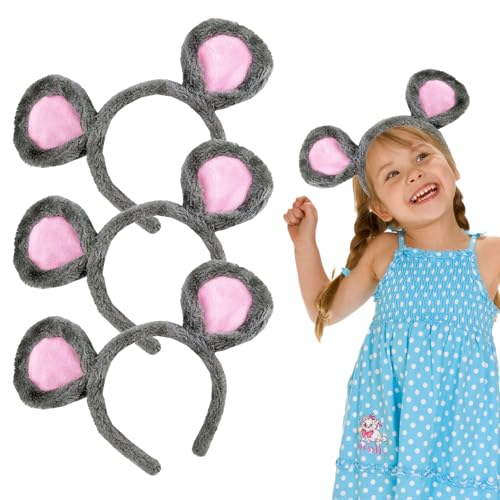 UILYNIU 3 Stück Plüsch Maus Ohren Stirnbänder, Tierstirnband für Erwachsener Kinder, Maus Ohren Haarreif Tier Kostüm Set für Halloween Kostüm Fasching Karneval Party Accessoires (Grau) von UILYNIU