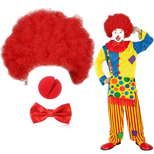 UILYNIU 3 Stück Clown Kostüm Set Herren Damen Clown Perücke Rot Perücke Lockige Clownsnasen Fliege für Party Karneval (Rot) von UILYNIU