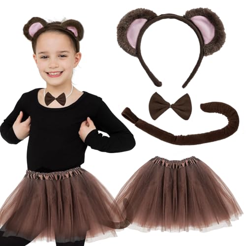 UILYNIU 4 Stück Affen Kostüm Affenohren Tier Stirnbänder Affen Langen Schwanz Schleife Tutu Set, Affenkostüm für Kinder Mädchen Fasching Tierkostüm Halloween Karneval Haarbänder Cosplay (Affen) von UILYNIU